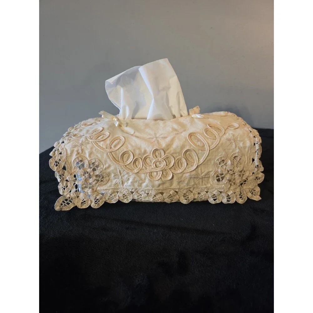 Vintage Layered Cream Colored Lace Embroidered Tissue Box Cover